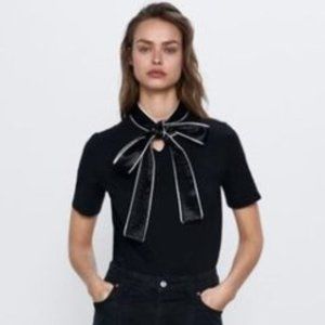 Zara Short Sleeve Shirt With Satin Neck Tie Women's Size Small